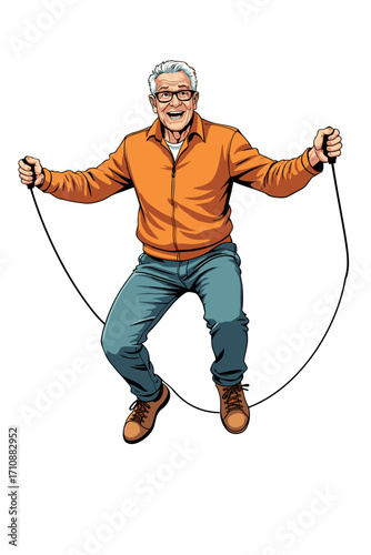 Active senior man jumping rope, joyful and energetic, fitness illustration, healthy lifestyle