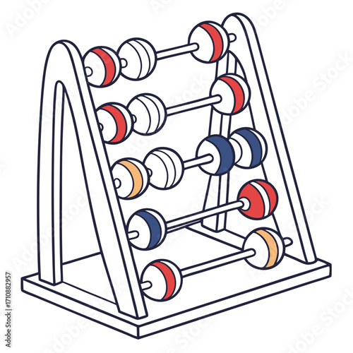 A colorful wooden abacus toy with red blue and orange beads on a white background
