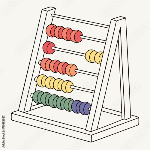 A colorful wooden abacus with red orange yellow green and purple beads on a light background