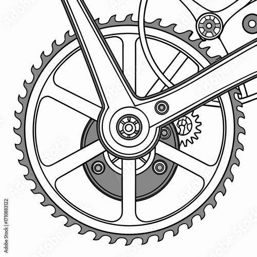 Close up of a bicycle crankset and chainring with intricate mechanical details and gears in a graphic illustration style