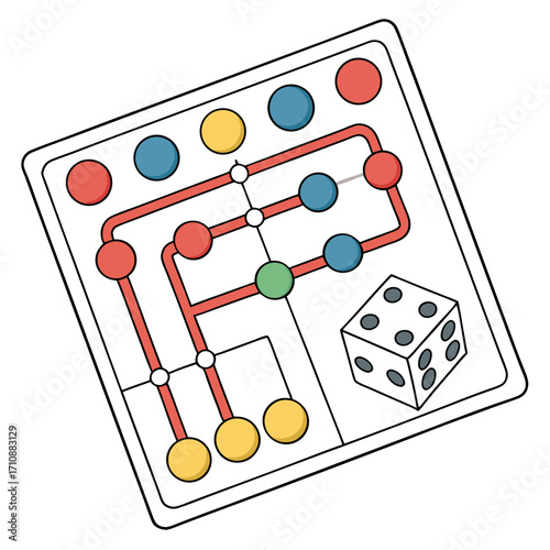 Colorful abstract board game with red paths colored pawns and a white die on a white background