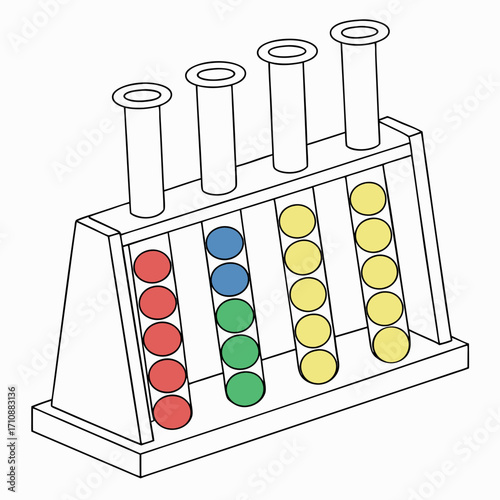 Colorful balls dropping into a laboratory stand with test tubes for science experiments and education