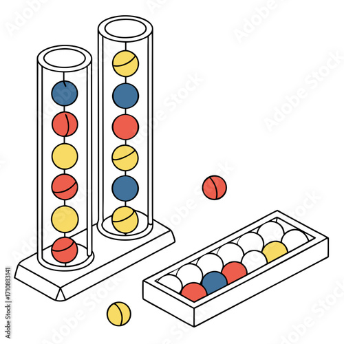 Colorful balls arranged in tubes and a tray representing a game or educational toy concept
