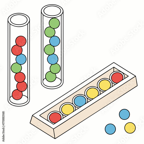 Colorful balls sorted in tubes and a wooden tray representing sorting and organization concepts