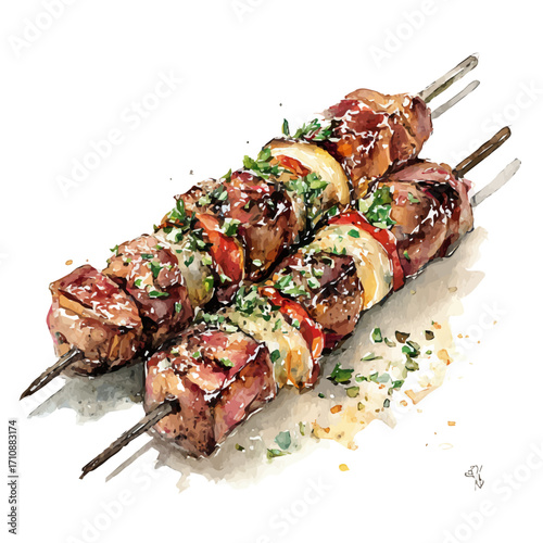 A watercolor painting of Lamb Kebabs, vector illustration on white background.