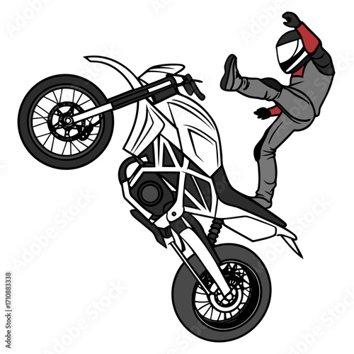 Dynamic illustration of a motorcyclist performing a wheelie stunt with a modern motorcycle on a white background