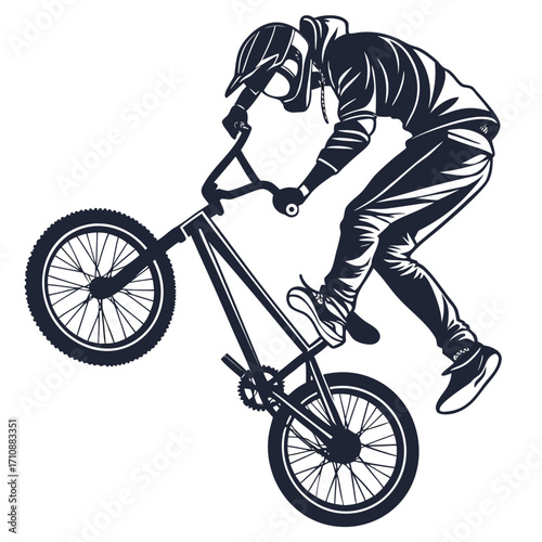 Dynamic silhouette of a bmx rider performing a trick on a bicycle with a helmet and protective gear