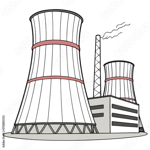Illustration of a cooling tower complex at a power generation facility with smoke emanating from a chimney