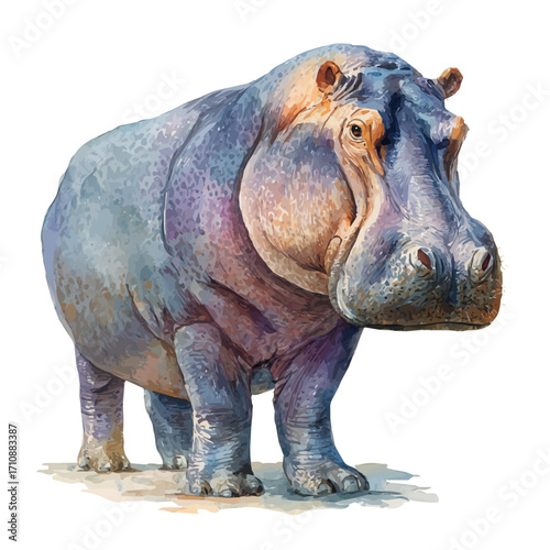 Hippopotamus in watercolor style, vector illustration, isolated on white background.