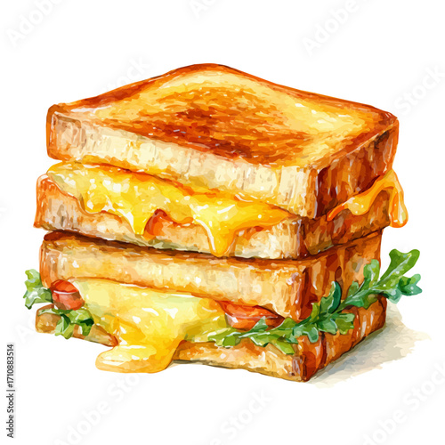 Grilled Cheese Sandwich, watercolor painting, vector illustration, isolated on a white background.