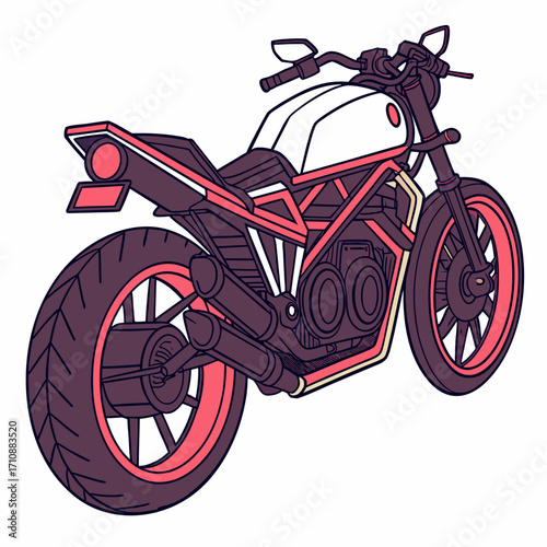 Modern cafe racer motorcycle with a white fuel tank and red accents illustrated in a clean vector art style