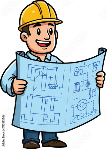 Cartoon architect holding blueprint, smiling construction worker in hard hat, engineering design concept, building plan review, vector illustration for industry
