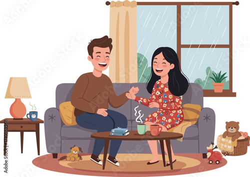 Couple enjoying cozy moment indoors, holding hands, sipping warm drinks, rainy window view, home comfort, bonding, love, relaxation, lifestyle