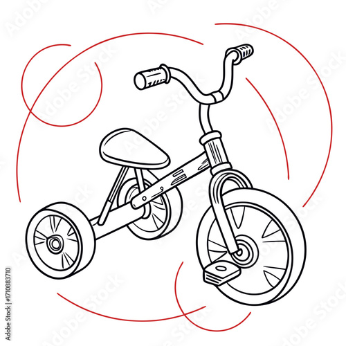 Simple black and white line drawing of a child s tricycle with red circular motion lines