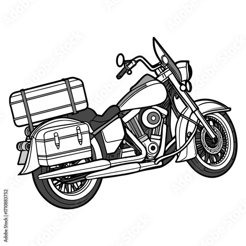 Stylized black and white illustration of a classic touring motorcycle with saddlebags and a luggage rack