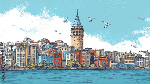 Historic Galata Tower Vector Drawing Cartoon - Detailed and Colorful Illustration for Design Projects
