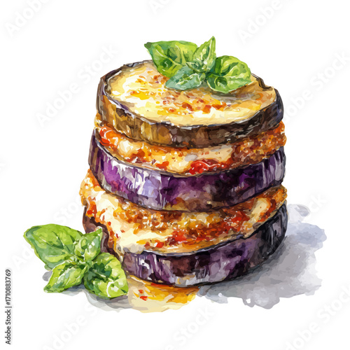 Eggplant Parmesan, watercolor painting, vector illustration, isolated on a white background.