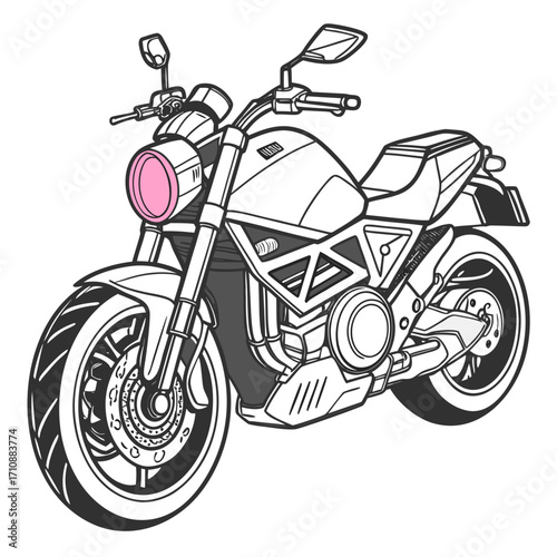 Stylized black and white line art illustration of a modern sport motorcycle with a pink headlight