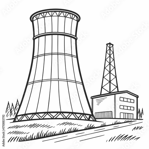 Stylized black and white line drawing of a cooling tower and industrial building with a smokestack on a grassy landscape