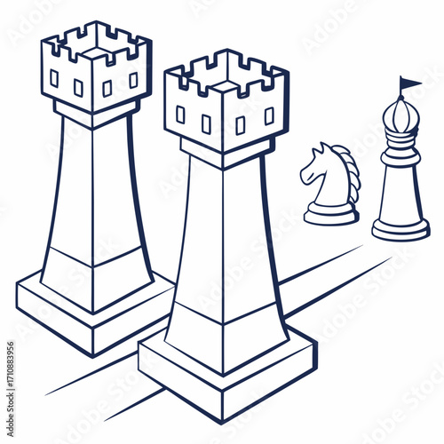 Stylized outline illustration of two chess rooks standing prominently with a knight and a bishop in the background