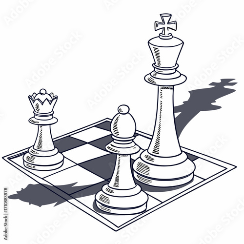 Stylized sketch of chess pieces including a king queen and bishop on a chessboard with dramatic shadows
