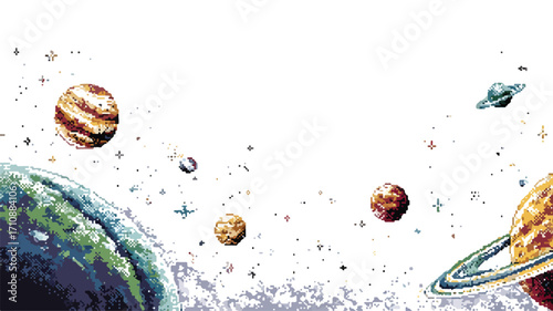 Pixelated Outer Space Scene with Planets and Stars Illustration