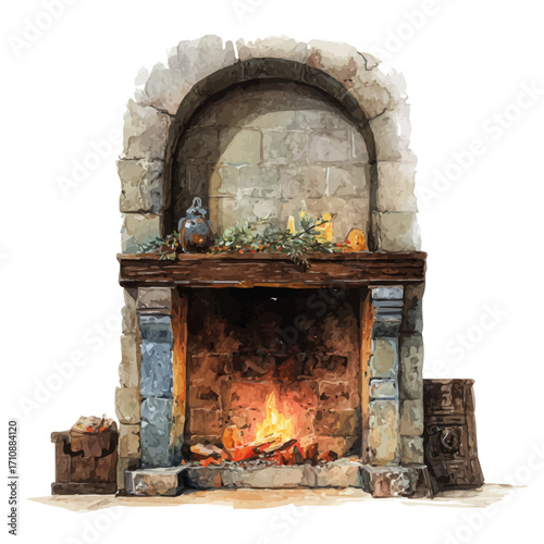 Fireplace in watercolor style, vector illustration, isolated on white background.