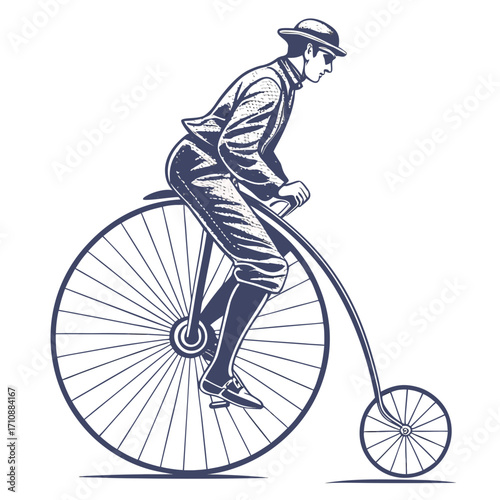 Vintage gentleman in formal attire riding an antique penny farthing bicycle with a large front wheel and small rear wheel