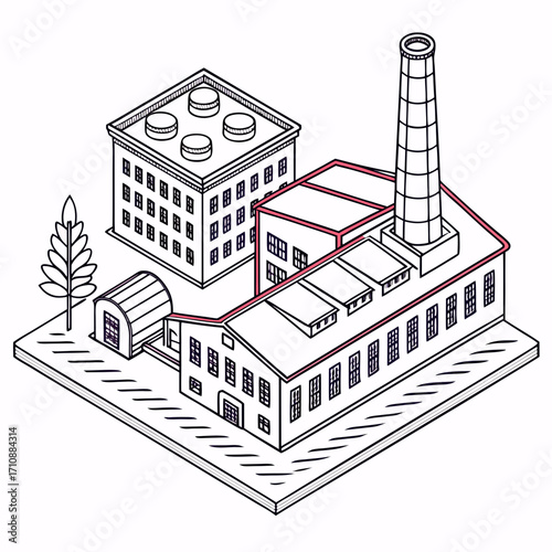 Isometric illustration of a factory complex with a tall chimney and adjacent building surrounded by a stylized landscape