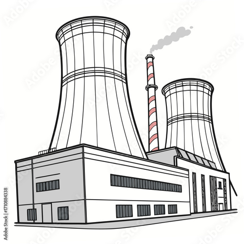 Modern industrial power plant with large cooling towers and a smoking chimney against a white background