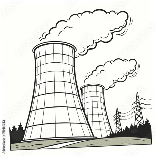 Stylized black and white illustration of two large cooling towers emitting steam with power lines in the background