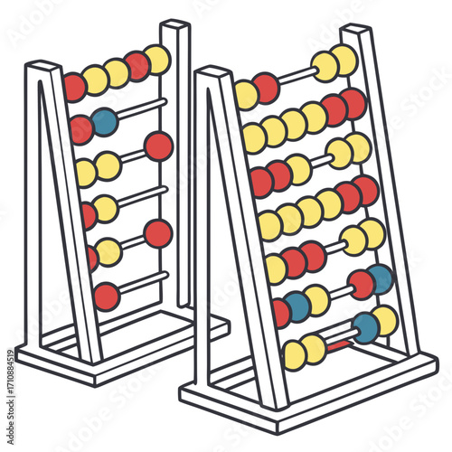 Two colorful wooden abacuses with red yellow and blue beads used for counting and learning mathematics