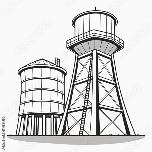 Two distinct water towers with a taller metal tower and a shorter cylindrical tower in a simple black and white illustration