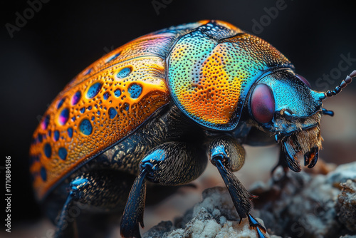 Colorful beetle with a bug on its back.