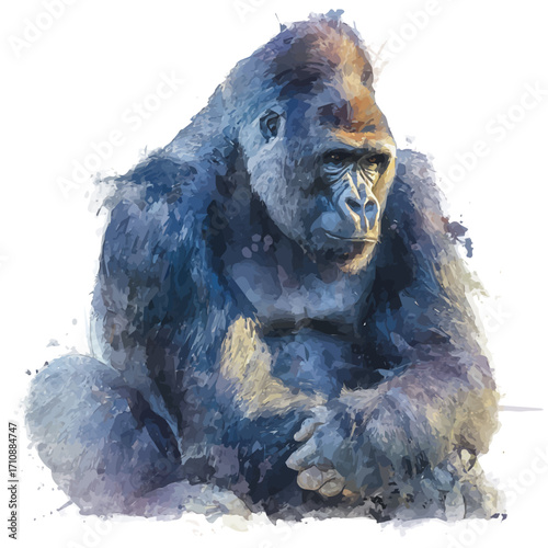 Gorilla in watercolor style, vector illustration, isolated on white background.