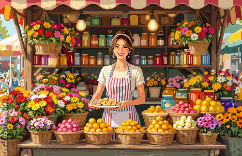 Cheerful woman selling fruits and flowers at vibrant market stall, colorful and lively atmosphere