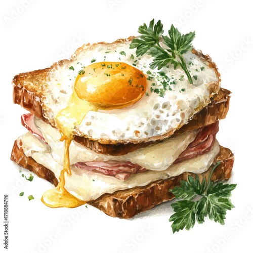 Watercolor vector illustration of Croque Madame, isolated on white background.