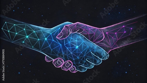 futuristic handshake between two digital networks with glowing blue and pink plexus lines, symbolizing artificial intelligence collaboration in space with stars