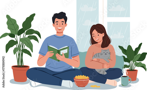 Couple relaxing indoors on rainy day, reading book, cuddling cat, cozy home, warm drinks, peaceful moment, bonding, lifestyle, comfort