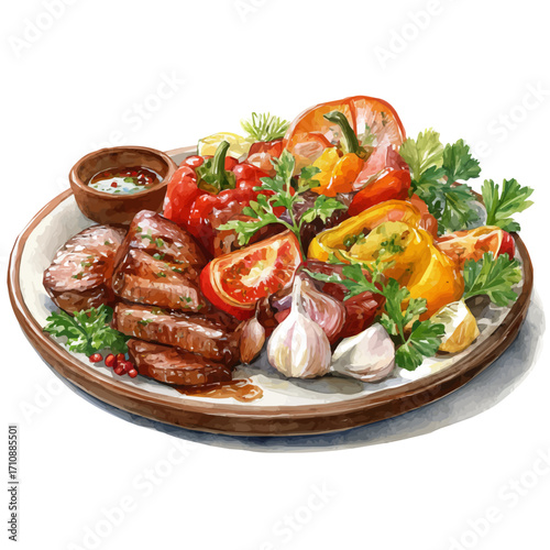 A watercolor painting of Fajita Platter, vector illustration on white background.