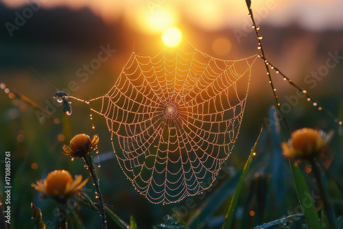 Spider web glistening in field.