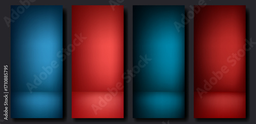 Vertical dark studio backgrounds set. Empty monochrome room, wall and floor of navy blue and dark red colors. Vector blank template for roll up banner or stories design, product presentation.