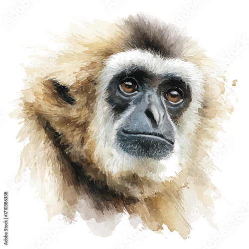 Watercolor vector illustration of Gibbon, isolated on white background.