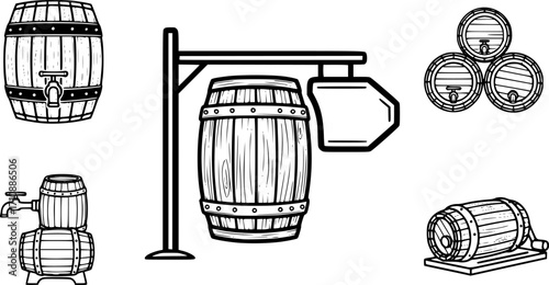 Vector black barrels icons set on white background. Barrel sign.
