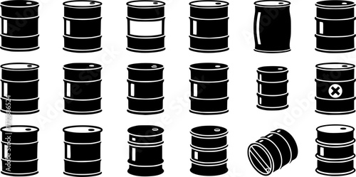 Vector black barrels icons set on white background. Barrel sign.
