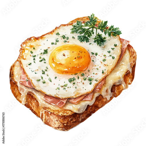 Croque Madame in watercolor style, vector illustration, isolated on white background.