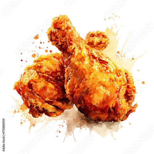 Fried Chicken in watercolor style, vector illustration, isolated on white background.