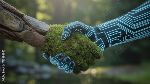 a handshake between a hand of mossy rock and a hand with blue glowing circuits, symbolizing the harmony and synergy of nature and technology for a sustainable future