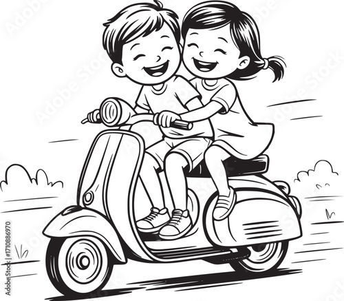 Joyful Ride: A charming cartoon illustration features two happy children, joyfully riding a vintage scooter together, capturing a sense of adventure and togetherness. 