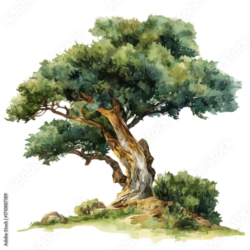 Watercolor vector illustration of Juniper Tree, isolated on white background.